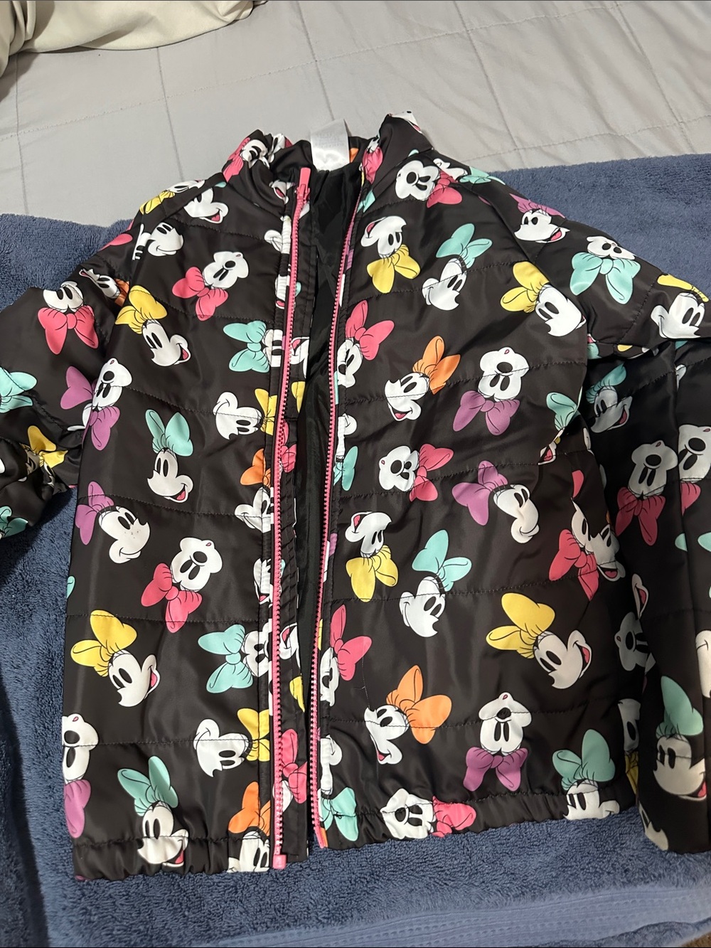 Girls' Black Minnie Mouse Puff Jacket with Colorful Bows